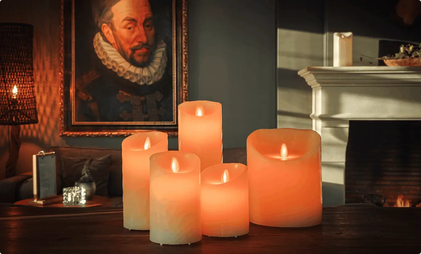 DORSETTO led kaarsen set met schilderij en openhaard op de achtergrond