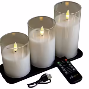 oplaadbare led kaarsen set. Zacht witte uitstraling in glas. Met oplader en oplaadstation. Brandtijd 105 uur